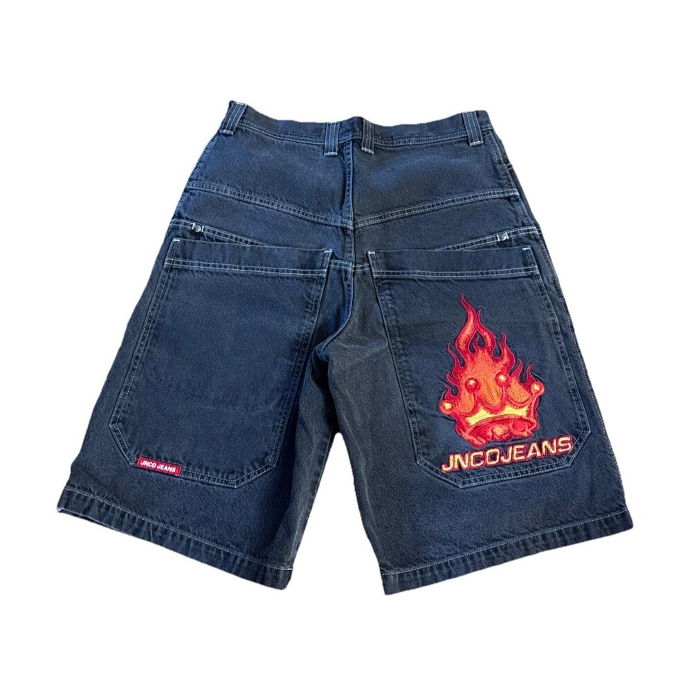 Y2K Jnco Flaming Crown Jorts Mens Size 32 Black Grunge Skater 2000s Baggy Rare!